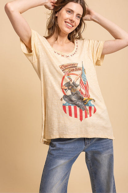 Trestles Clothing Company vintage washed cotton graphic tee with Americana print, v-neck, and hand-stitched X detail.