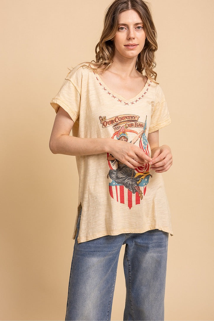 Trestles Clothing Company vintage washed cotton graphic tee with v-neck, hand-stitched X detail, and dropped shoulders.