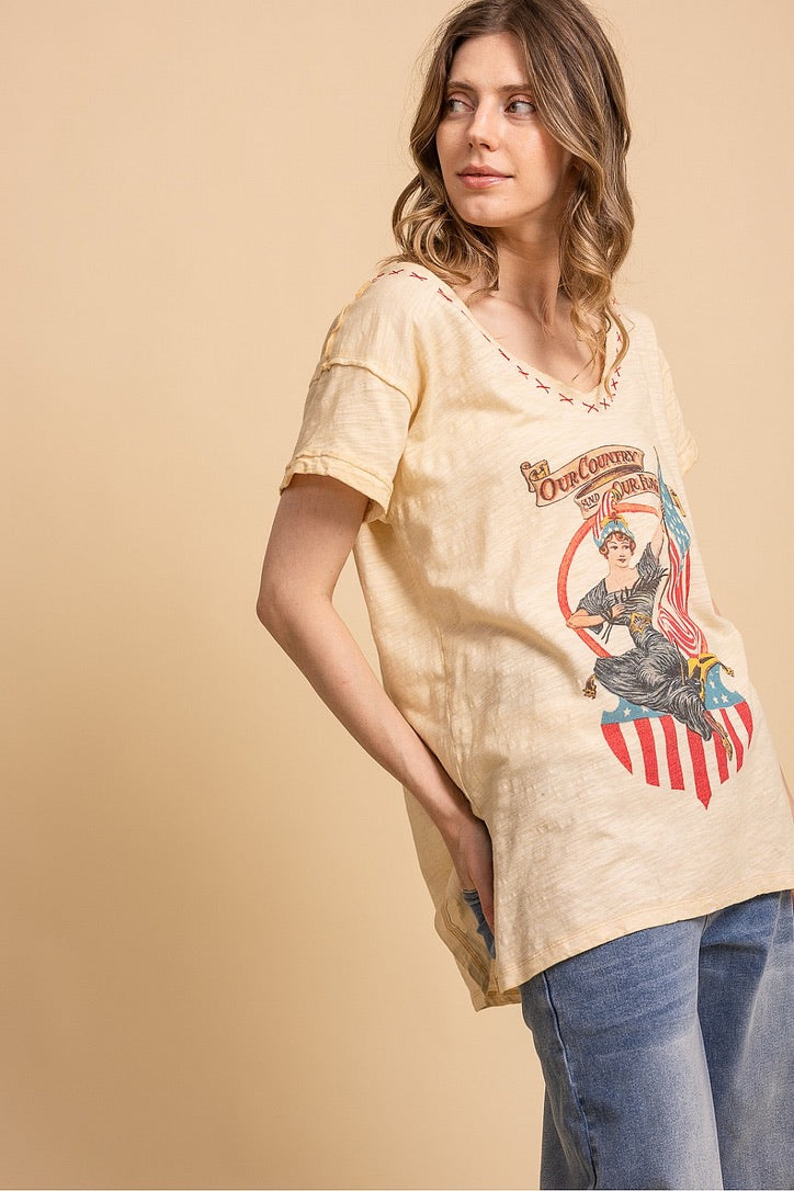 Trestles Clothing Company vintage washed cotton graphic tee with Americana print, v-neck, and hand-stitched X detail.