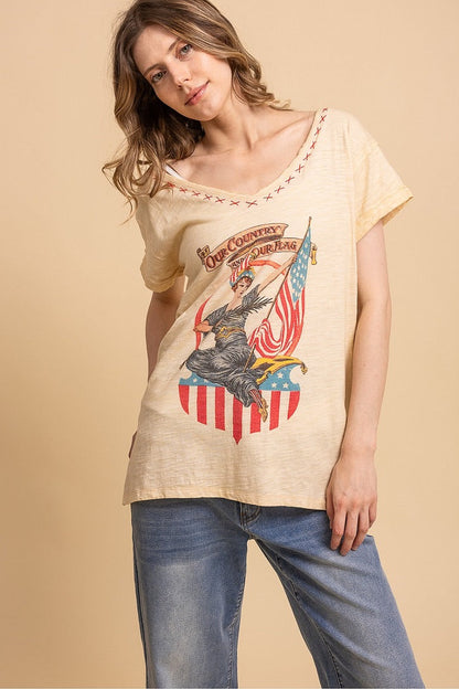 Trestles Clothing Company vintage washed cotton graphic tee with Americana print, v-neck, and hand-stitched X detail.