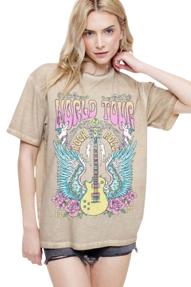 Trestles Clothing Company beige cotton graphic tee with vintage World Tour 1978 rock and roll print