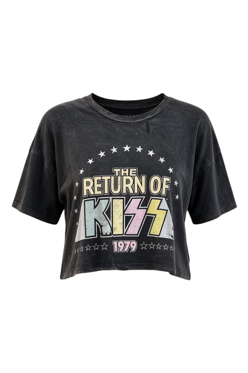 Trestles Clothing Company vintage black mineral-dyed cotton crop t-shirt with The Return of Kiss 1979 graphic print.