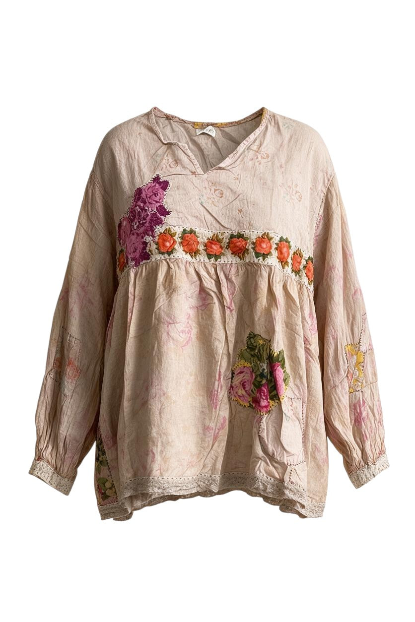Trestles Clothing Company weathered cotton top with faded rose print, floral appliqués, and vintage hand-sewn details.