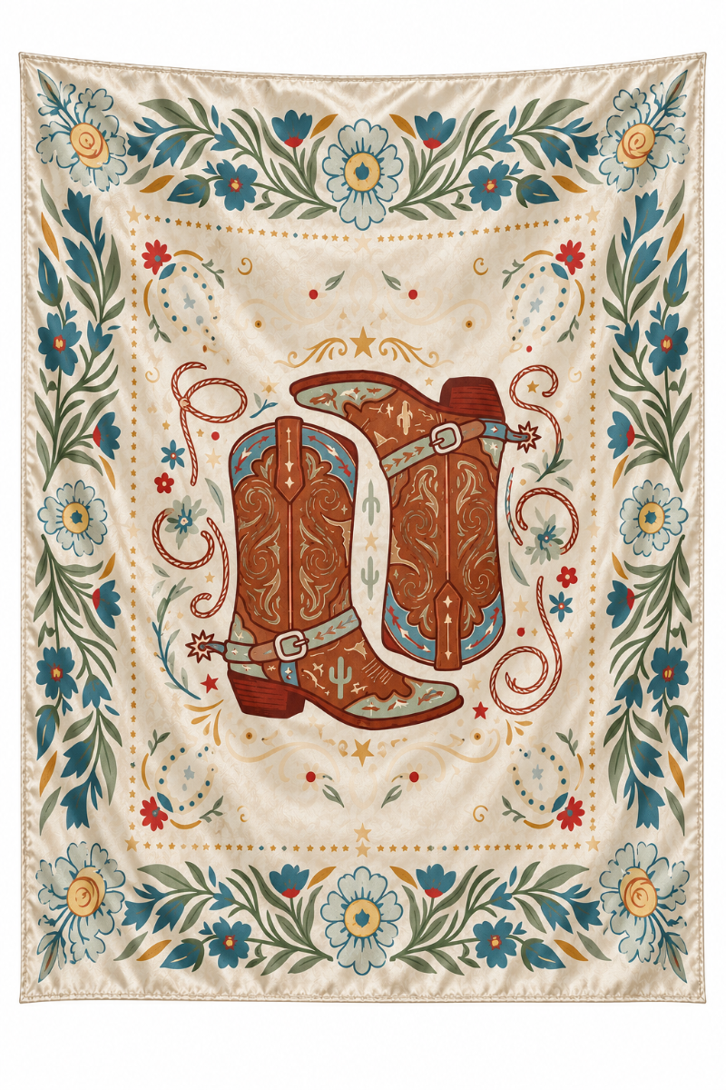 Trestles Clothing Company silky polyester scarf featuring colorful Western cowboy boots and floral border print.