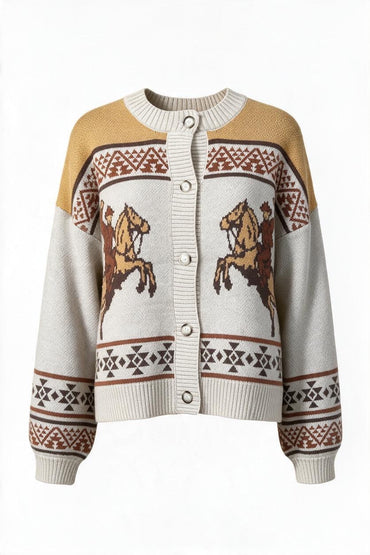 Trestles Clothing Company Western cardigan in neutral tones with cowboy and horse graphics and Aztec patterns.