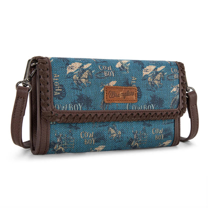 Trestles Clothing Company retro cowboy crossbody wallet in blue canvas with whipstitch trim and vintage print