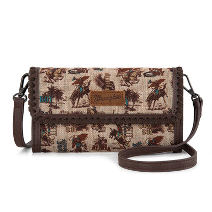 Trestles Clothing Company retro cowboy print canvas and PU leather crossbody wallet with whipstitch flap detail