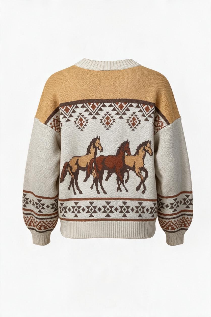 Trestles Clothing Company Western cardigan featuring a three-horse graphic and vintage Aztec patterns in neutral tones.