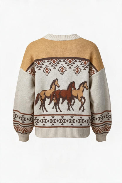 Trestles Clothing Company Western cardigan featuring a three-horse graphic and vintage Aztec patterns in neutral tones.
