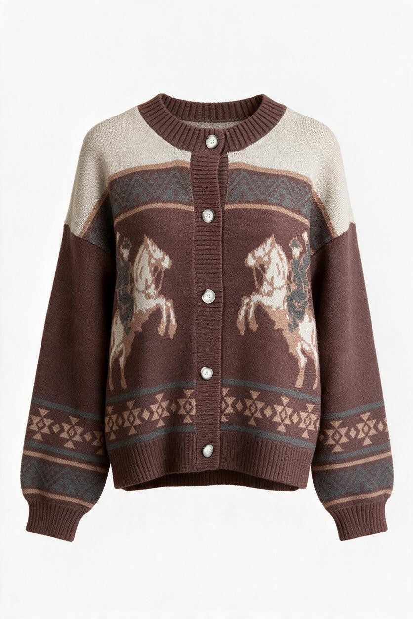 Trestles Clothing Company Western cardigan in brown and cream with cowboy and horse graphics and Aztec patterns.