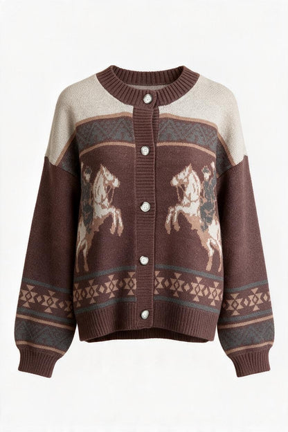 Trestles Clothing Company Western cardigan in brown and cream with cowboy and horse graphics and Aztec patterns.