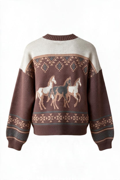 Trestles Clothing Company Western cardigan featuring horse graphics and Aztec patterns in neutral brown and cream tones.