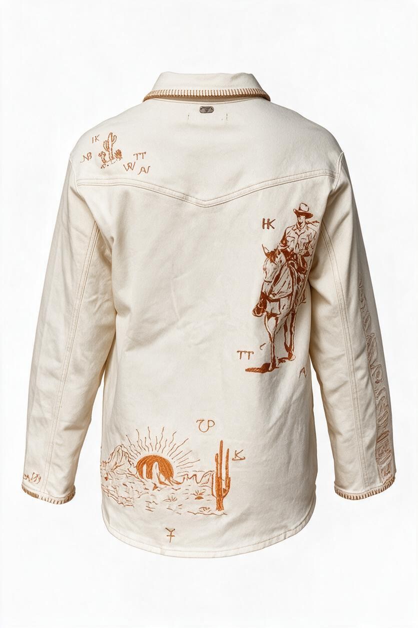 Trestles Clothing Company lightweight western jacket in cream with brown rodeo embroidery and contrast stitching