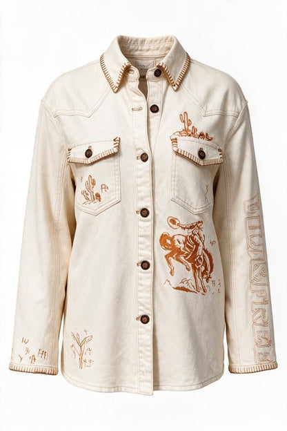 Trestles Clothing Company cream lightweight Western jacket with camel embroidery, contrast stitching, and concho buttons