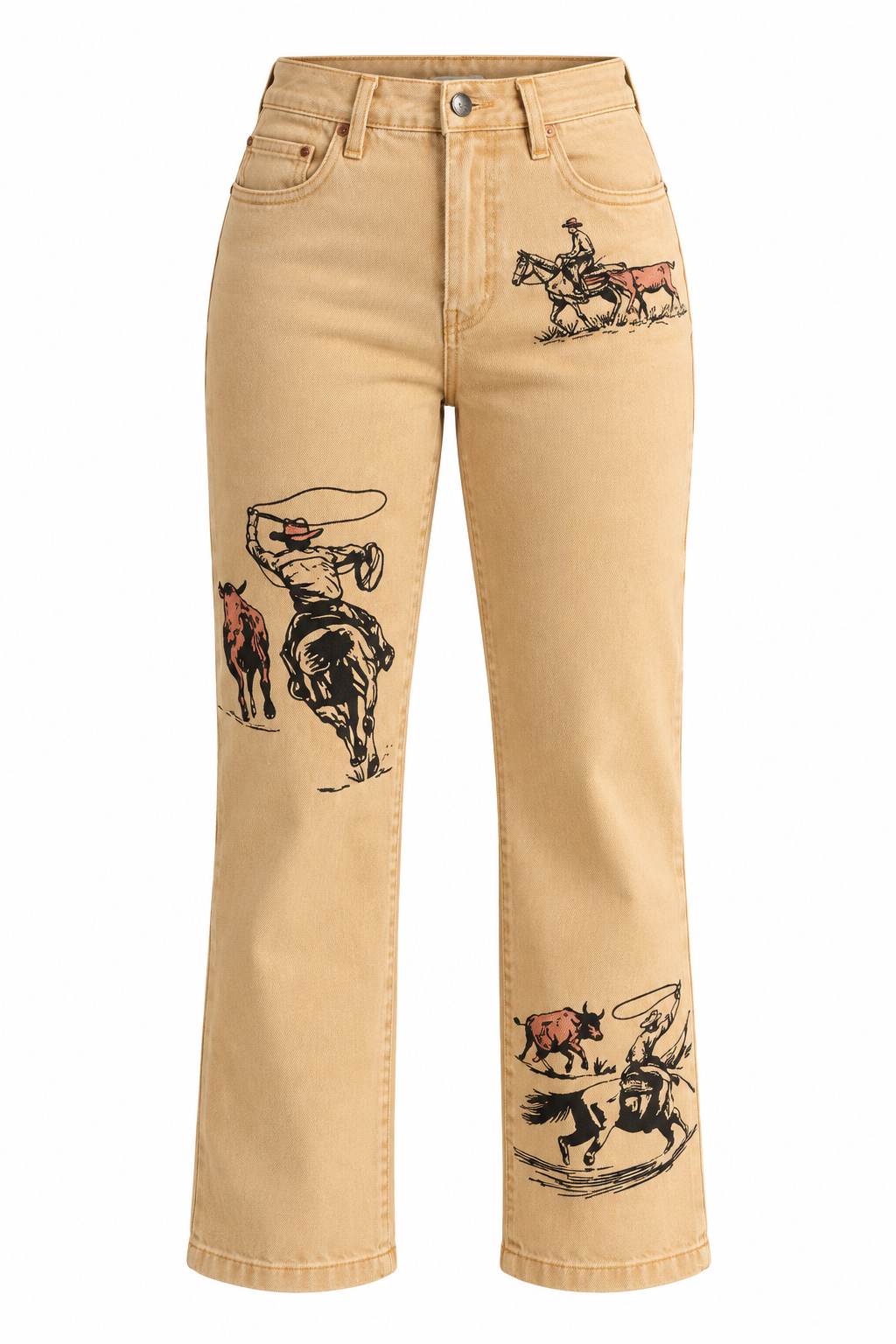 Trestles Clothing Company high-rise wide leg jeans in sand wash denim with vintage cowboy and horse graphic prints.