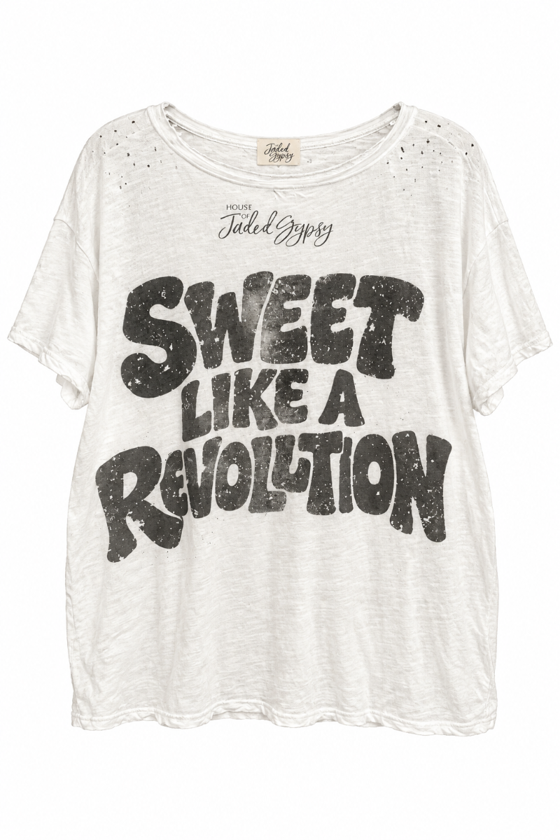 Trestles Clothing Company white vintage graphic tee with distressed neckline and Sweet Like A Revolution print