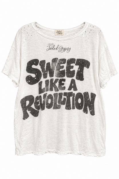 Trestles Clothing Company white vintage graphic tee with distressed neckline and Sweet Like A Revolution print