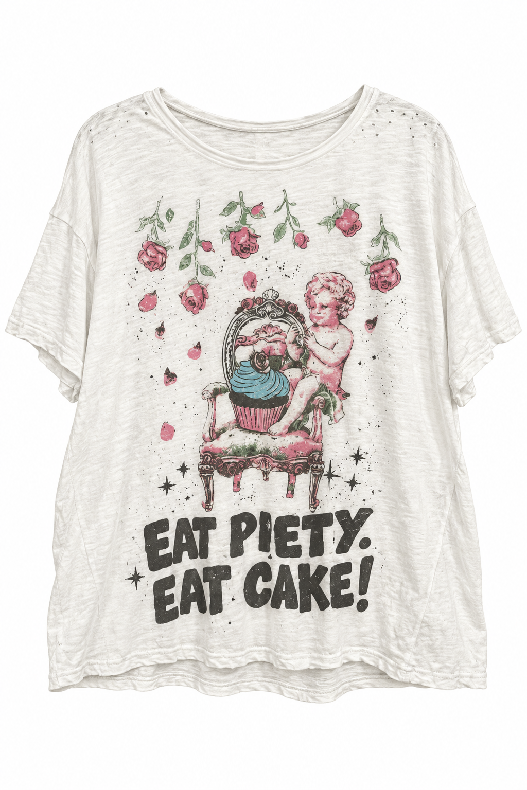 Trestles Clothing Company oversized white cotton tee with vintage Eat Cake graphic and light distressed detailing.