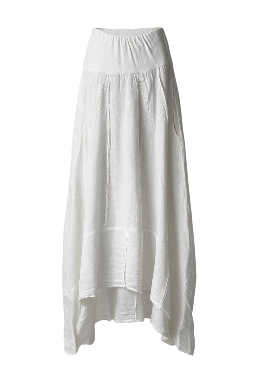 Trestles Clothing Company white Italian linen maxi skirt with a pieced design and comfortable yoga waistband