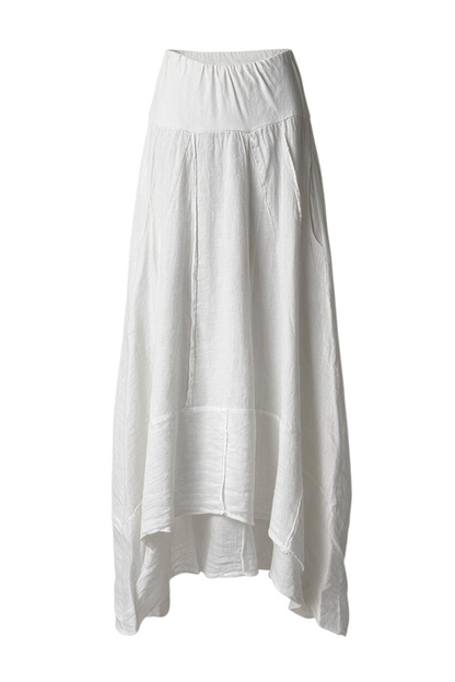 Trestles Clothing Company white Italian linen maxi skirt with a pieced design and comfortable yoga waistband