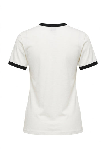 Back view of Trestles Clothing Company white cotton ringer tee with black trim on the collar and sleeves.