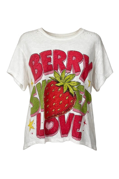 Trestles Clothing Company white cotton vintage-style graphic tee with distressed details and strawberry print