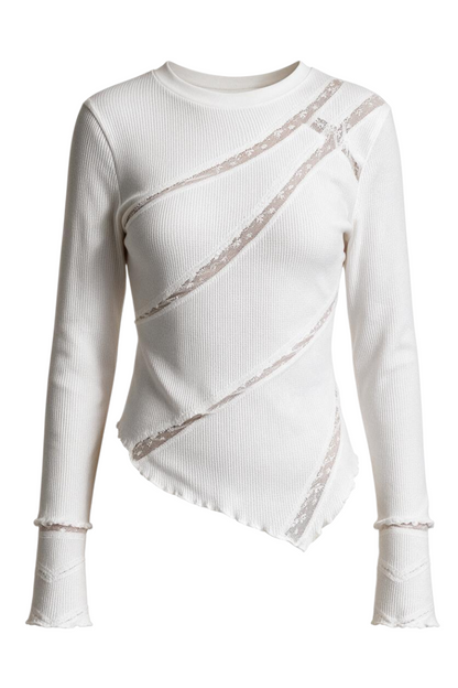 Trestles Clothing Company white waffle knit long sleeve top with diagonal lace panels and a pointed lettuce edge hem.