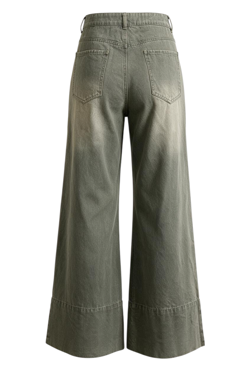 Trestles Clothing Company wide leg denim jeans in a washed grey vintage finish with back pockets and side slits.