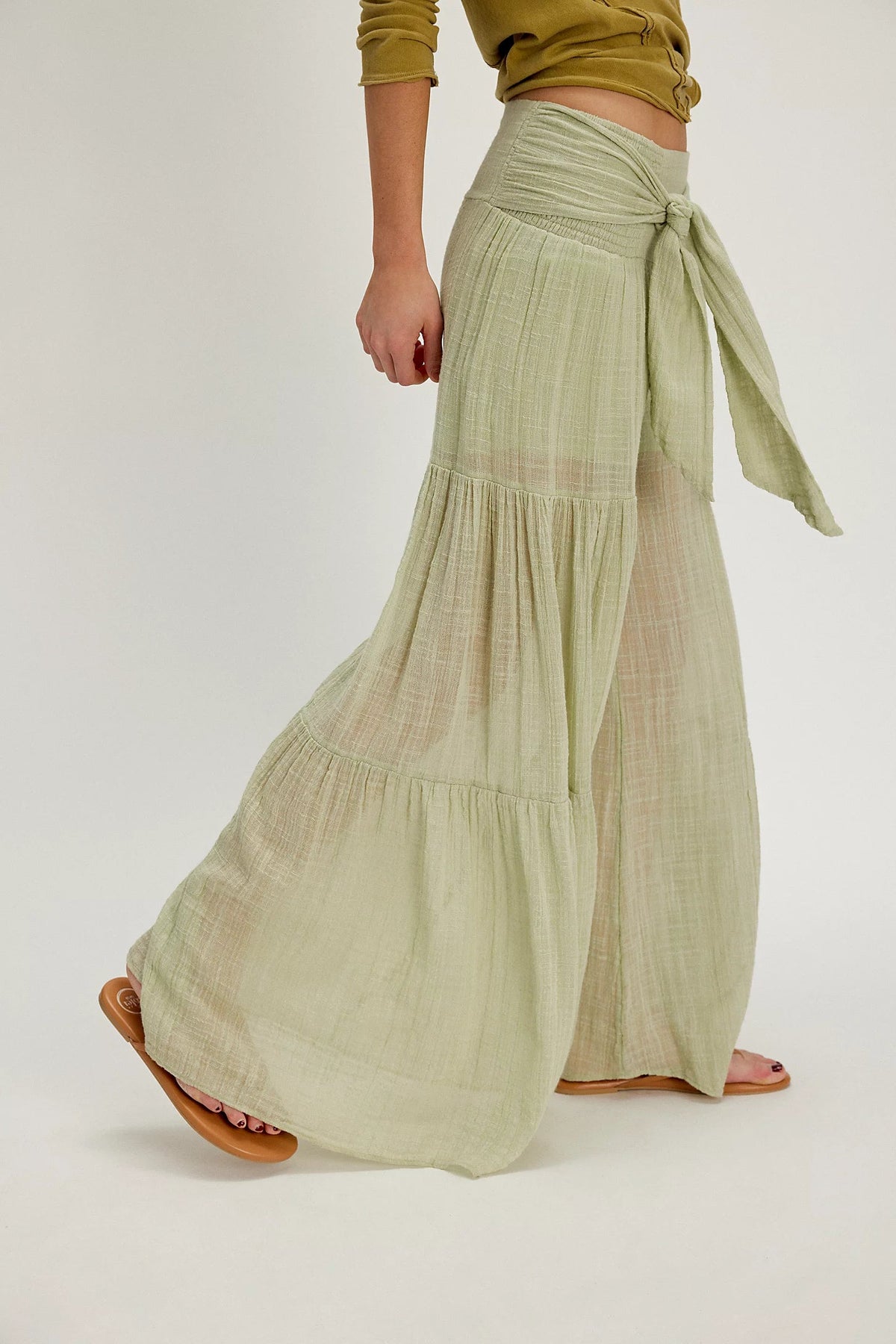 Trestles Clothing Company Good Day wide leg pants in sage green with tiered seaming and a tie waist detail
