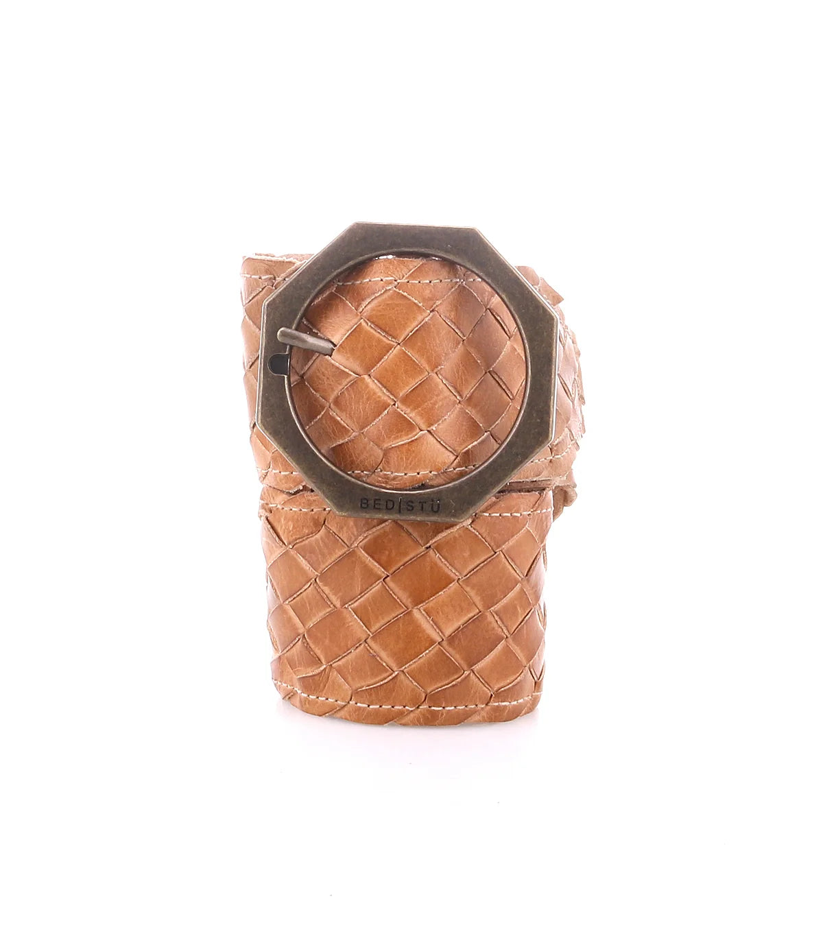 Trestles Clothing Company Dreamweaver woven brown leather belt with a vintage-inspired octagonal metal buckle