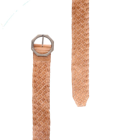 Trestles Clothing Company Dreamweaver woven tan leather belt featuring a unique octagonal vintage metal buckle