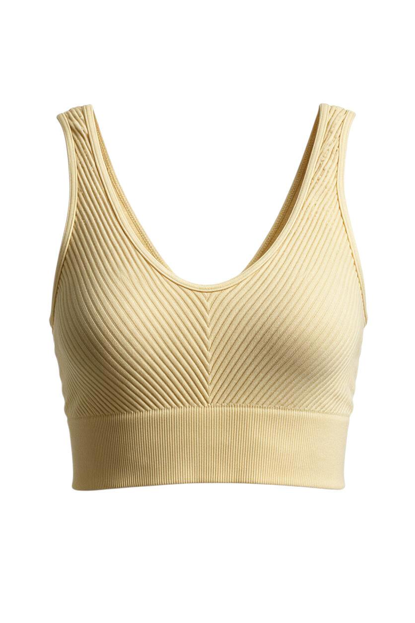 Trestles Clothing Company reversible yellow ribbed chevron crop cami top with a v-neckline and thick supportive band