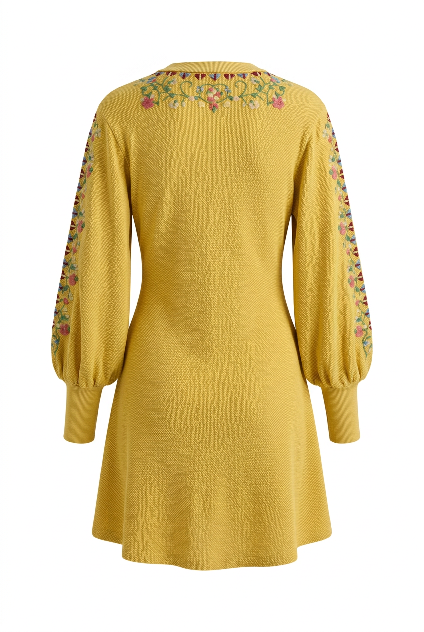 Trestles Clothing Company yellow knit mini dress with floral embroidery, balloon sleeves, and A-line silhouette.