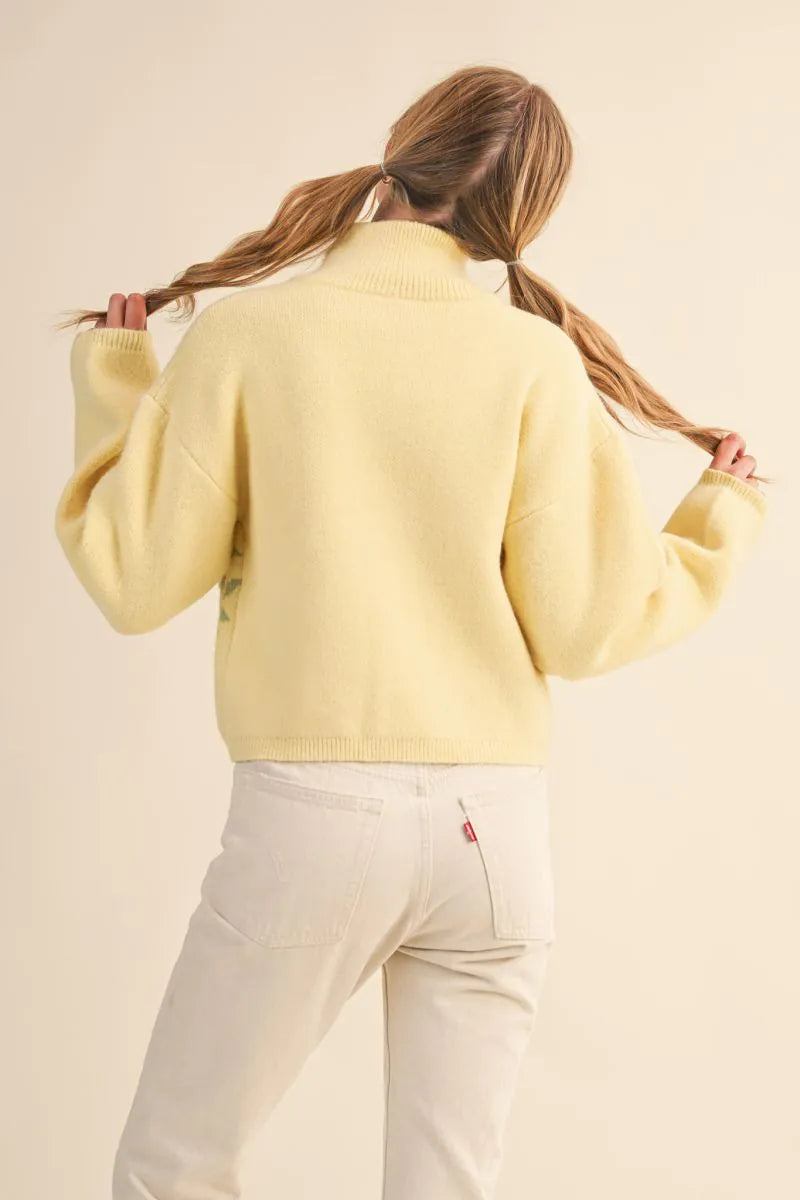 Trestles Clothing Company yellow floral knit zip-up sweater with puff sleeves and stand collar, back view