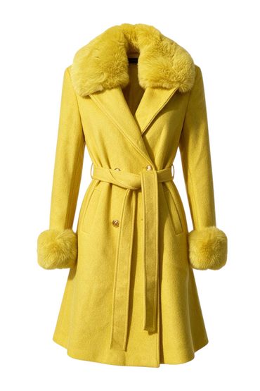 Trestles Clothing Company yellow belted coat with removable faux fur collar and wrist cuffs in polyester cashmere blend