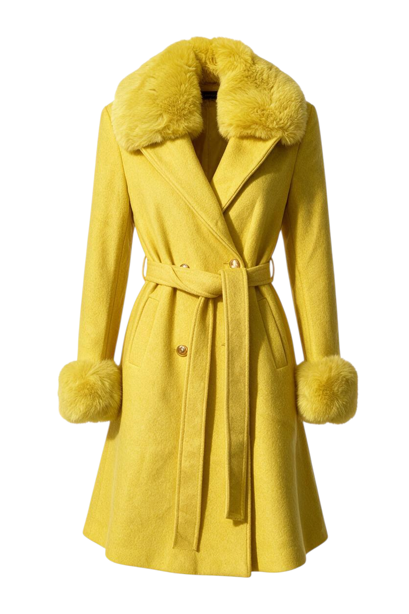 Trestles Clothing Company yellow belted coat with removable faux fur collar and wrist cuffs in polyester cashmere blend