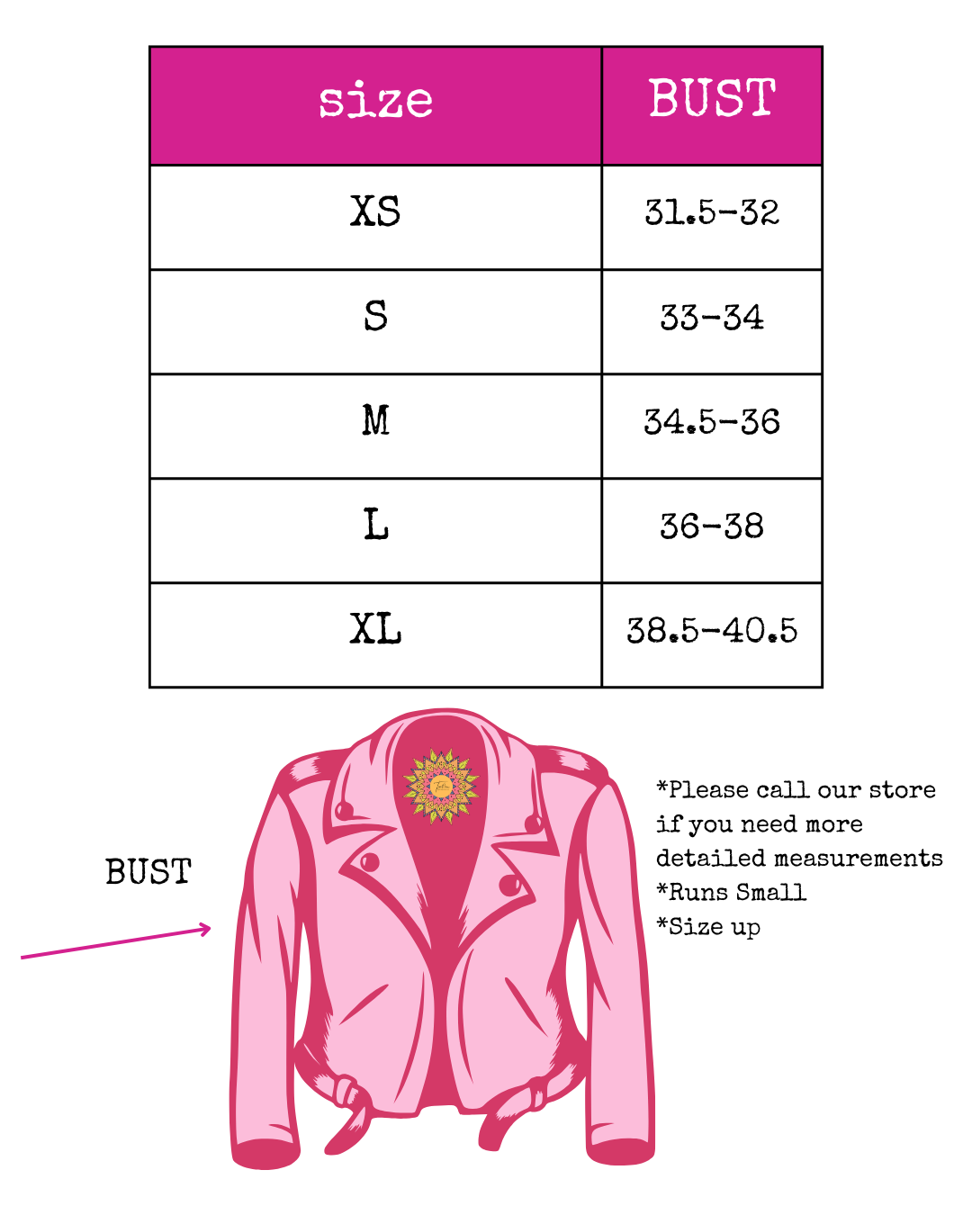 Trestles Clothing Company Zoe Leather Jacket size chart with bust measurements for sizes XS to XL