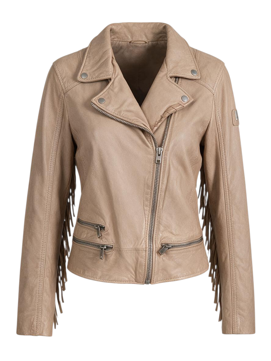 Trestles Clothing Company Zoe nubuck leather jacket in beige with fringe detailing, zippered pockets, and sleeves.