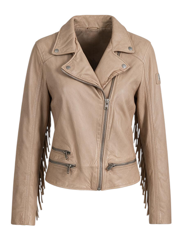 Trestles Clothing Company Zoe nubuck leather jacket in beige with fringe detailing, zippered pockets, and sleeves.