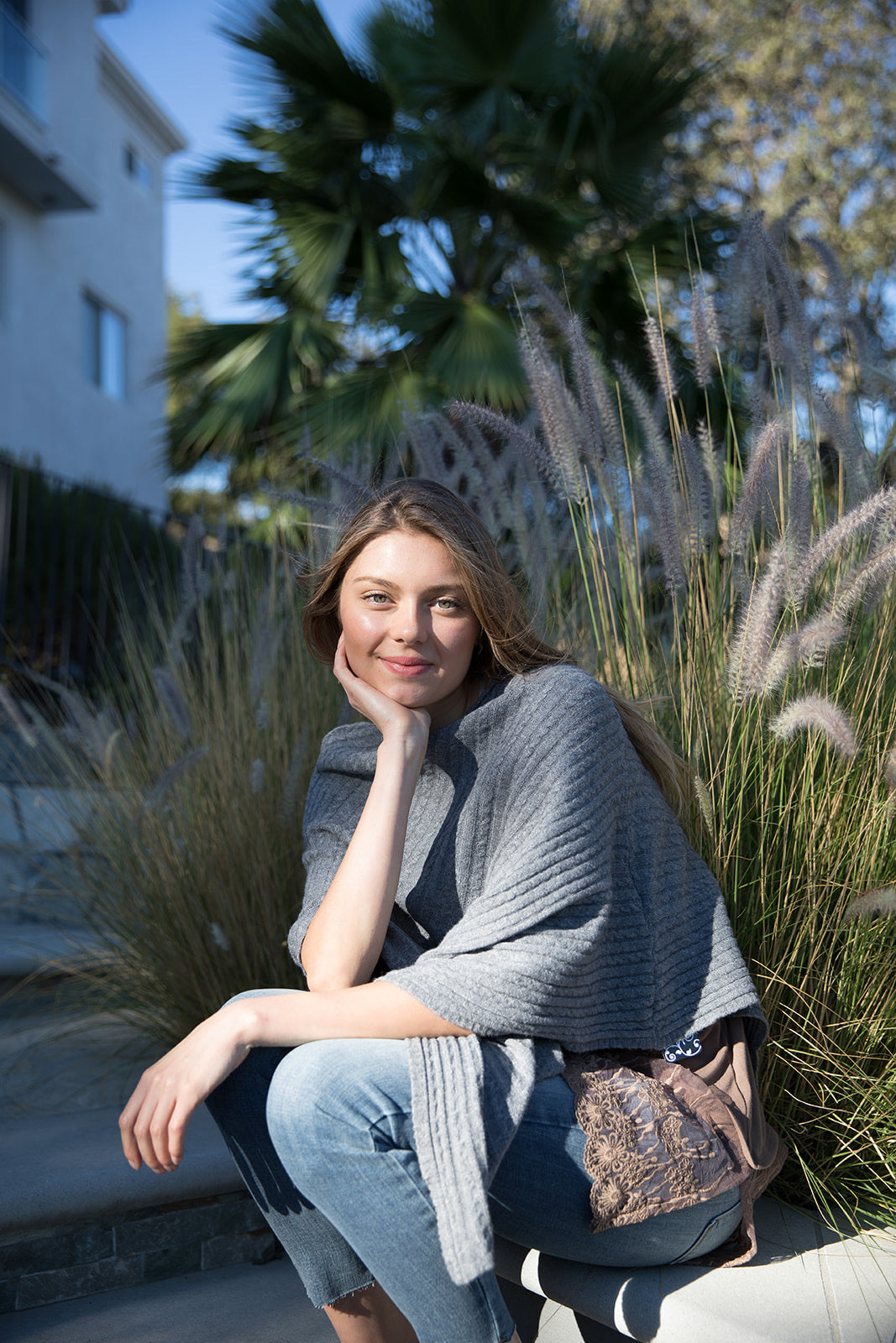 Ribbed Sweater Poncho - Neutral