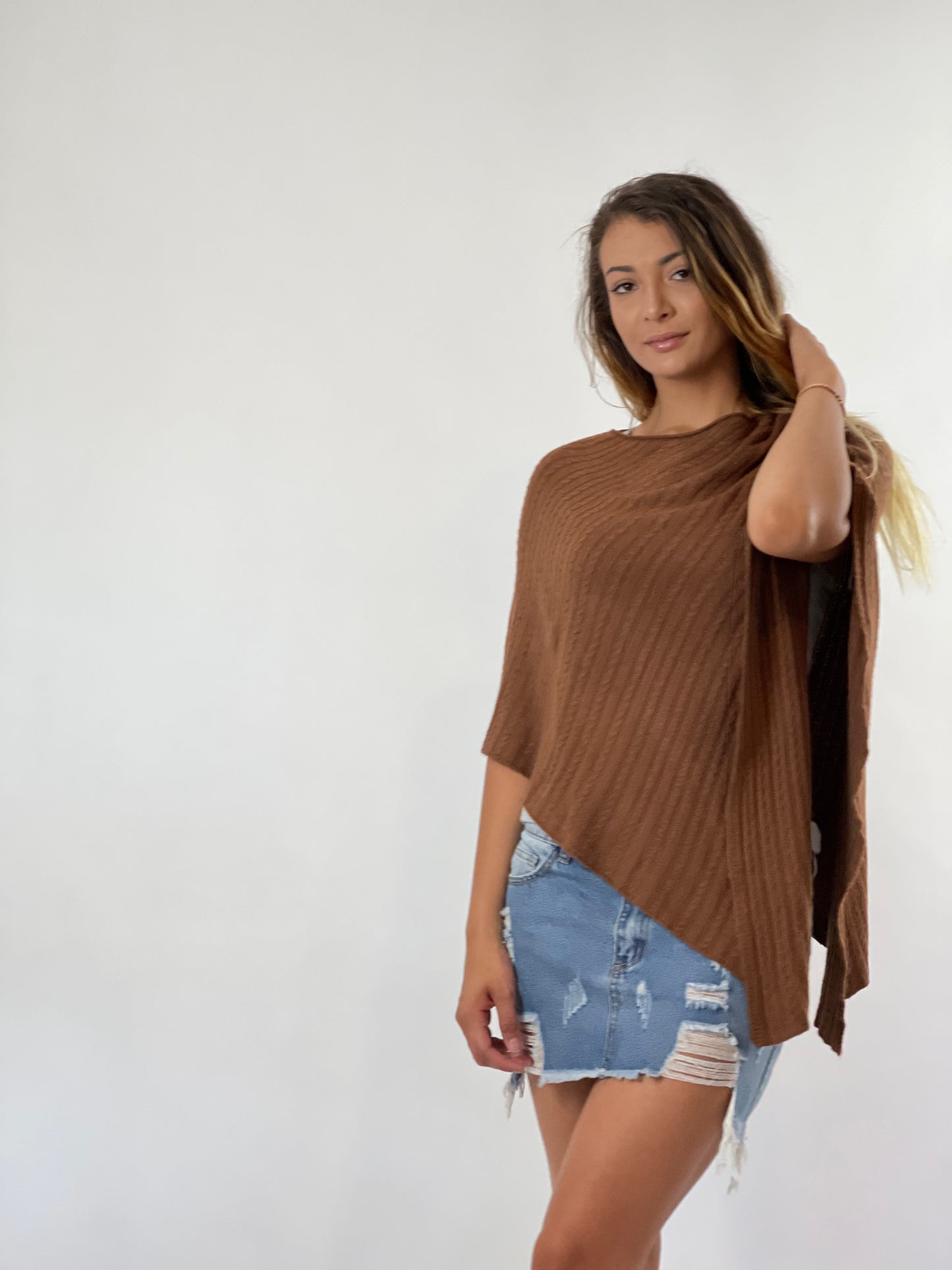 Ribbed Sweater Poncho - Neutral